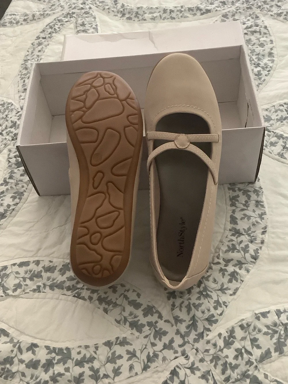 NorthStyle Light Beige Mary Jane Ballet Flats with Button Strap
